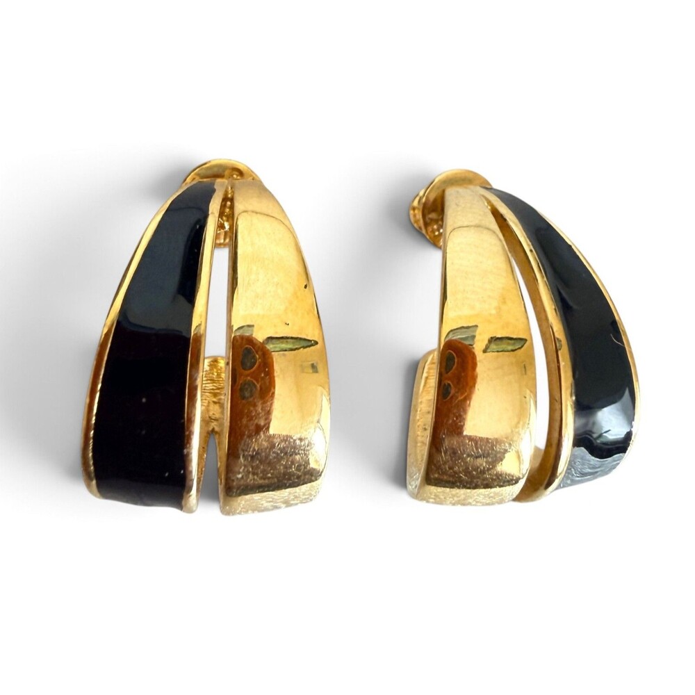 Vintage 1980s Monet Gold Tone Black Enamel Split Half Hoop Pierced Earrings DES
